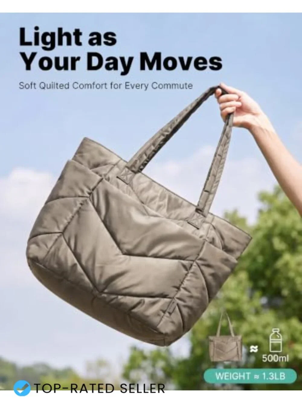 Quilted Nylon Puffer Tote Bag with Cosmetic Pouch Fits 15.6